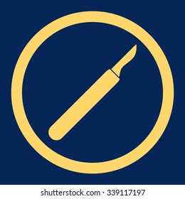 Scalpel vector icon. Style is flat rounded symbol, yellow color, rounded angles, blue background.
