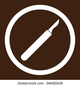 Scalpel vector icon. Style is flat rounded symbol, white color, rounded angles, brown background.