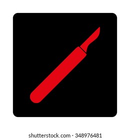 Scalpel vector icon. Style is flat rounded square button, intensive red and black colors, white background.