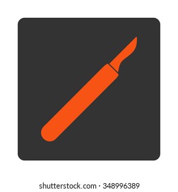 Scalpel vector icon. Style is flat rounded square button, orange and gray colors, white background.