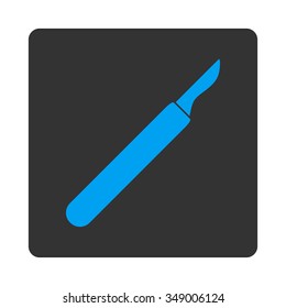 Scalpel vector icon. Style is flat rounded square button, blue and gray colors, white background.