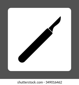Scalpel vector icon. Style is flat rounded square button, black and white colors, gray background.