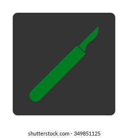 Scalpel vector icon. Style is flat rounded square button, green and gray colors, white background.