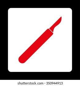 Scalpel vector icon. Style is flat rounded square button, red and white colors, black background.