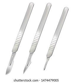 Scalpels with removable blades and a handle without a blade. Manual surgical instrument. Realistic objects on a white background. Vector illustration