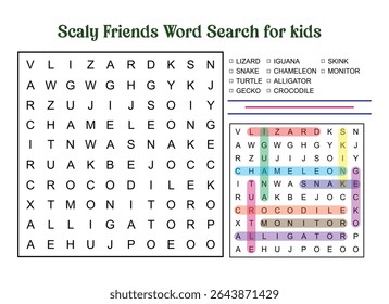 Scaly Friends Word Busca por crianças com répteis como lagartos, cobras, tartarugas e jacarés. Jogo educacional com uma solução mostrada.