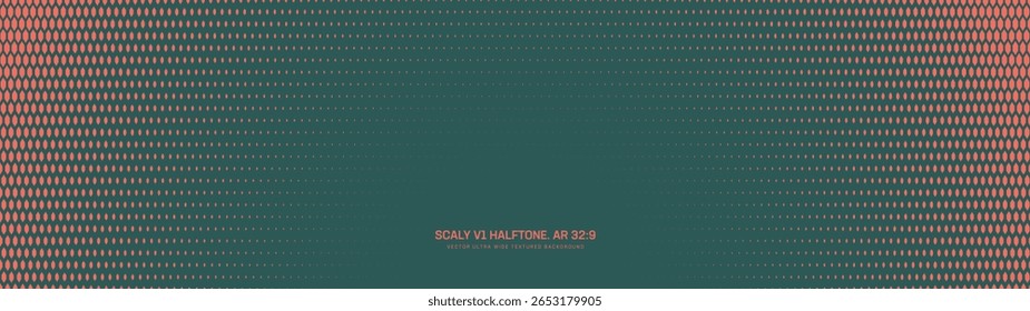 Grade escalonada padrão de meio-tom borda semicírculo ultra larga 32:9 taxa de aspecto vetor fundo abstrato laranja escuro verde. Gráficos de meio tom de formato ultra largo retro futurista cyberpunk abstração