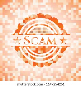 Scam abstract emblem, orange mosaic background