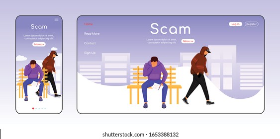 Scam adaptive landing page flat color vector template. Blackmailing mobile and PC homepage layout. Letter with demands. Threat one page website UI. Webpage cross platform design
