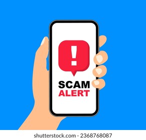 Cartel de alerta de estafa en smartphone. Alerta de fraude de notificación con signo de atención. Ataque hacker. Alertas de error de peligro. Signo de advertencia de precaución. Ilustración vectorial.