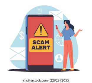 Scam alert, cell phone message. Huge smartphone screen, persistent calls or software hacking. Network protection, hackers attack, cartoon flat style isolated vector digital crime concept