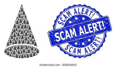 Exclamación de alerta de estampado redondo sucio y figura de cono de mosaico recursivo vectorial. El sello azul tiene el título de la exclamación de alerta por estampado dentro de la forma redonda. El mosaico vectorial se compone de cono disperso
