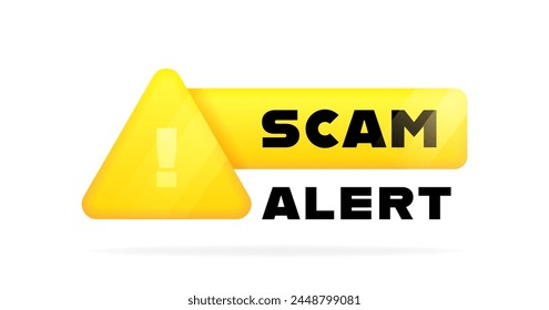 Scam Alert geometrisches Abzeichen im 3D-Stil mit Ausrufezeichen und Glüheffekt. Banner der Aufmerksamkeit, Vorsicht, Warnung. Vektorillustration.