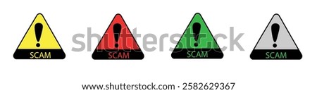 SCAM alert icons set . scam triangle sign label isolated on white, scam warning sign graphic for spam email message and error virus,