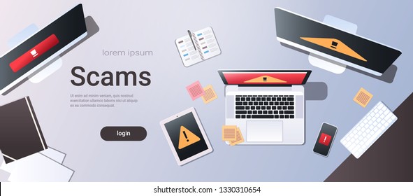 scam alert internet fraud hacking scams concept top angle view desktop computer monitor laptop tablet smartphone screen malware notification or error horizontal copy space