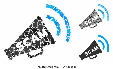 Scam alert megaphone composition of unequal items in various sizes and color hues, based on scam alert megaphone icon. Vector joggly pieces are combined into composition.