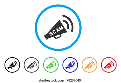 Scam Alert Megaphone rounded icon. Style is a flat grey symbol inside light blue circle with additional color versions. Scam Alert Megaphone vector designed for web and software interfaces.