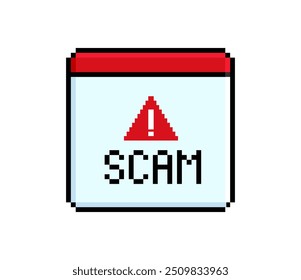 SCAM ALERT - assinatura de mensagem no jogo estilo retro de 8 bits. Janela de mensagem de alerta SCAM. Mensagem de interface de aviso de tecnologia Web3. Janela de gráficos de pixel em estilo grego com texto de alerta de fraude. Vetor de pixel 