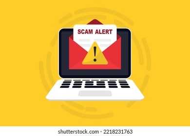 Scam alert. Network and internet security. Hacker attack and web security vector concept, phishing scam. Spam email message distribution, malware spreading virus. Vector illustration