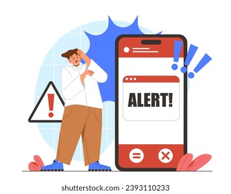 Concepto de notificación de alerta por estafa. Hombre cerca del smartphone con aviso y anuncio rojo. Los hackers atacan a los usuarios de teléfonos móviles o correo electrónico. Dibujo vectorial plano de dibujos animados aislado en fondo blanco