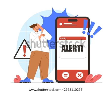 Scam alert notification concept. Man near smartphone with red notice and announcement. Hackers attack at users mobile phone or email. Cartoon flat vector illustration isolated on white background