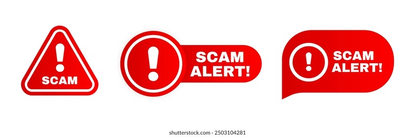 Scam alert notification icon with red background. vector