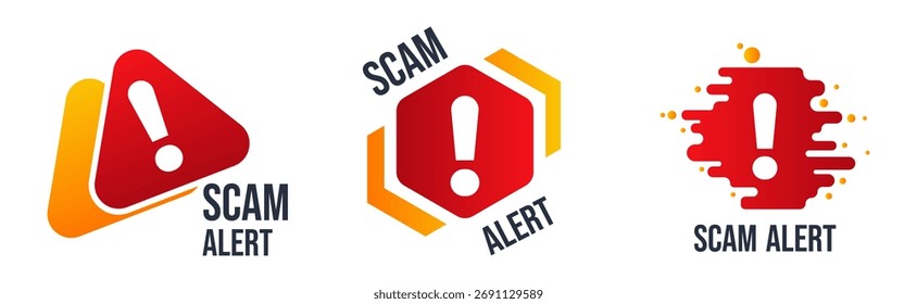 Iconos de la notificación de la estafa fijados con el fondo rojo. Vector de la alerta del fraude