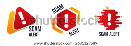 Scam alert notification icons set with red background. fraud alert pop up. vector