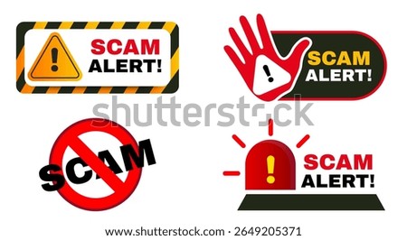 Scam alert notification set icon. fraud notice alert. malware hack attack atention banner pop up. vector