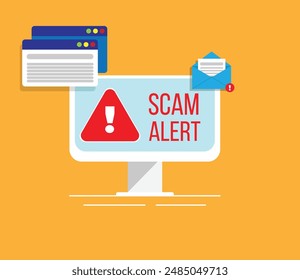 Scam Alert Phishing Email Open in Computer with Warning Sign. Harmful and hazardous online services concept vector