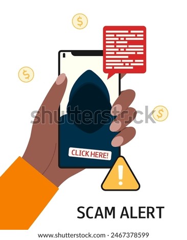 Scam alert. Phone scam. Hand with a smartphone. Concept of financial fraudster, cybercrime, data hacking. Vector flat illustration isolated on white background.
