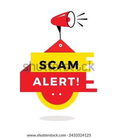Scam alert sign, red label banner with megaphone flat style. Vector design for advertising.