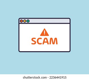 Scam alert, System error, broken page on browser window logo design. Notification message on device screen. Data phishing hacking online scam concept vector design and illustration.