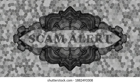 Texto de alerta de estafa dentro del emblema de la pared de piedra de color gris lineal. Fondo de lujo rockero. Ilustración. 