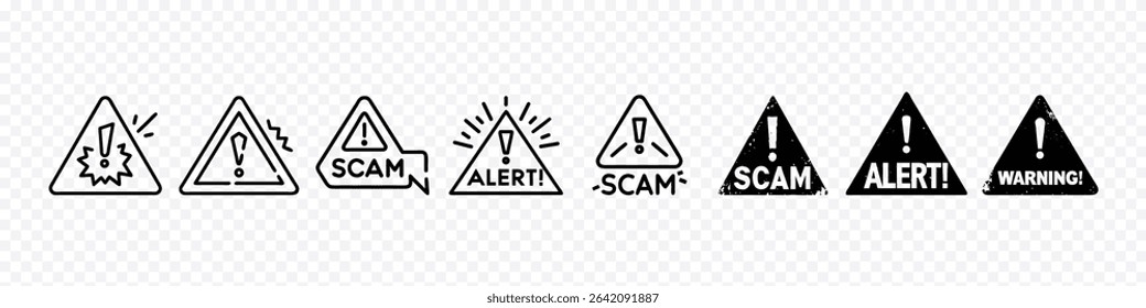 Scam Alert and Warning Sign Icon Set – Fraud, Caution and Security Risk Symbols, Scam alert and fraud warning icon set featuring caution signs, exclamation triangles, security breach symbols