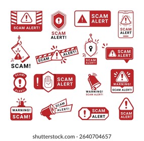 Scam alert warning sign red caution badge design template set vector flat illustration. Crime risk safety message urgency alertness information dangerous important beware attention fraud exclamation