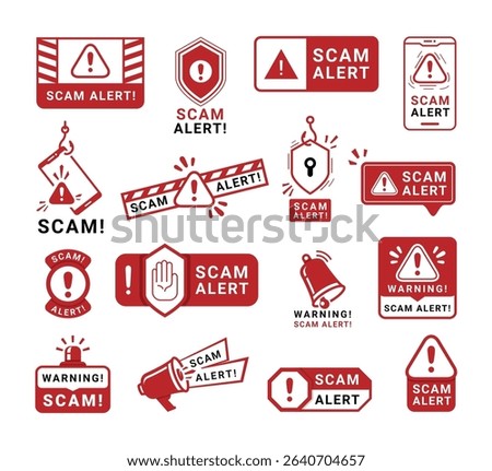 Scam alert warning sign red caution badge design template set vector flat illustration. Crime risk safety message urgency alertness information dangerous important beware attention fraud exclamation