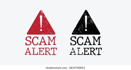 Scam alert warning signs with exclamation mark, red and black triangle fraud icons, distressed grunge security vector