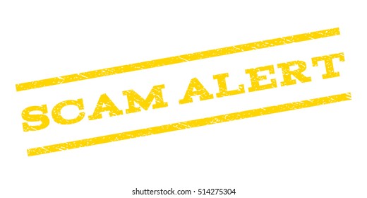 Scam Alert watermark stamp. Text tag between parallel lines with grunge design style. Rubber seal stamp with unclean texture. Vector yellow color ink imprint on a white background.