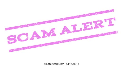 Scam Alert watermark stamp. Text tag between parallel lines with grunge design style. Rubber seal stamp with scratched texture. Vector violet color ink imprint on a white background.
