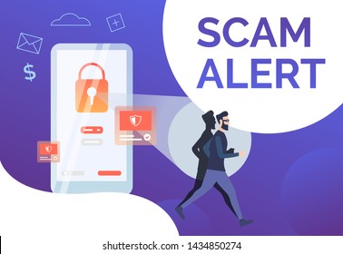 Scam alert web poster design. Hacker running from red lock on phone screen. Information security concept. Vector illustration can be used for banner, poster, presentation