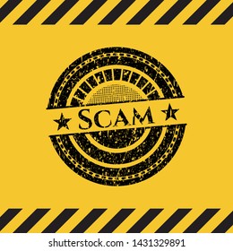 Scam black grunge emblem inside yellow warning sign. Vector Illustration. Detailed.