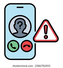 Scam call warning color-filled round line vector icon with editable stroke, symbolizing phone fraud protection, featuring a mobile phone with an incoming unknown call and a caution sign.