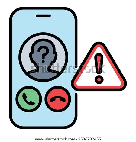 Scam call warning color-filled round line vector icon with editable stroke, symbolizing phone fraud protection, featuring a mobile phone with an incoming unknown call and a caution sign.