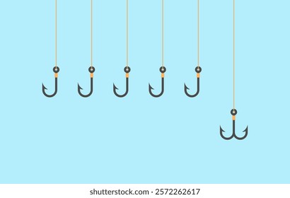 Scam concept. Fishing hooks icons on blue background