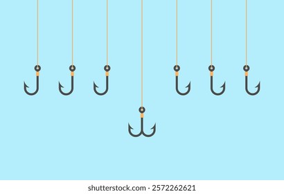 Scam concept. Fishing hooks icons on blue background