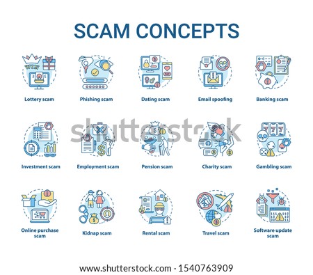 Scam concept icons set. Financial frauds. Illegal activities, phishing, cybercrimes. Criminal earnings. Dishonest scheme idea thin line illustrations. Vector isolated outline drawings. Editable stroke