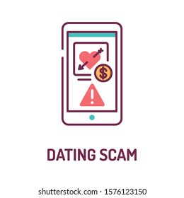 Scam dating on smartphone screen color line icon. Internet criminal, deception,fraud element. Sign for web page, mobile app. UI UX GUI template. User interface display.