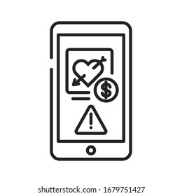 Scam citas en el icono de la línea negra de la pantalla del smartphone. Criminal de Internet, engaño, elemento de fraude. Firma para página web, aplicación móvil. Plantilla GUI de UI UX.