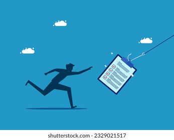 Scam documents. man was lured by the enticing documents. vector illustration
